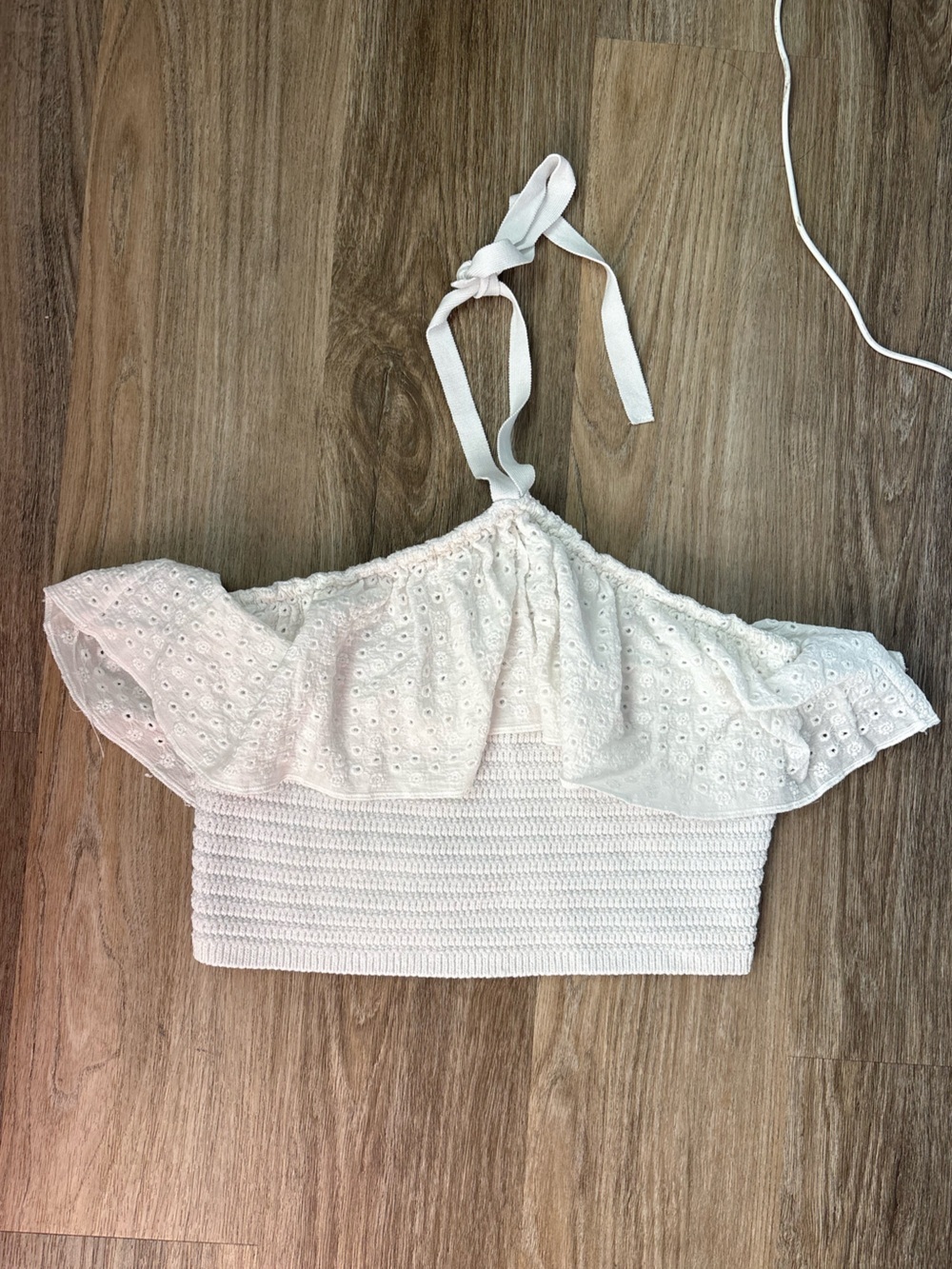 ZARA White Eyelet Knit Halter Ruffle Crop Top Size M